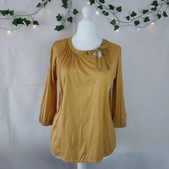 COS Mustard Yellow Side Tie Neck 3/4 Sleeve Relaxed Top Size M 100% Cotton Light - Picture 10 of 10
